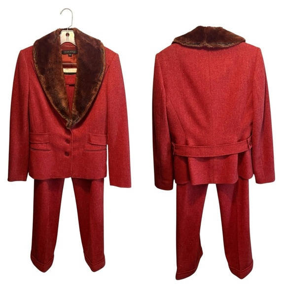 Anne Klein 2Pc Pant Suit Blazer Jacket Faux Fur Wool Blend Red Orange Size 8 NWT - Picture 16 of 16